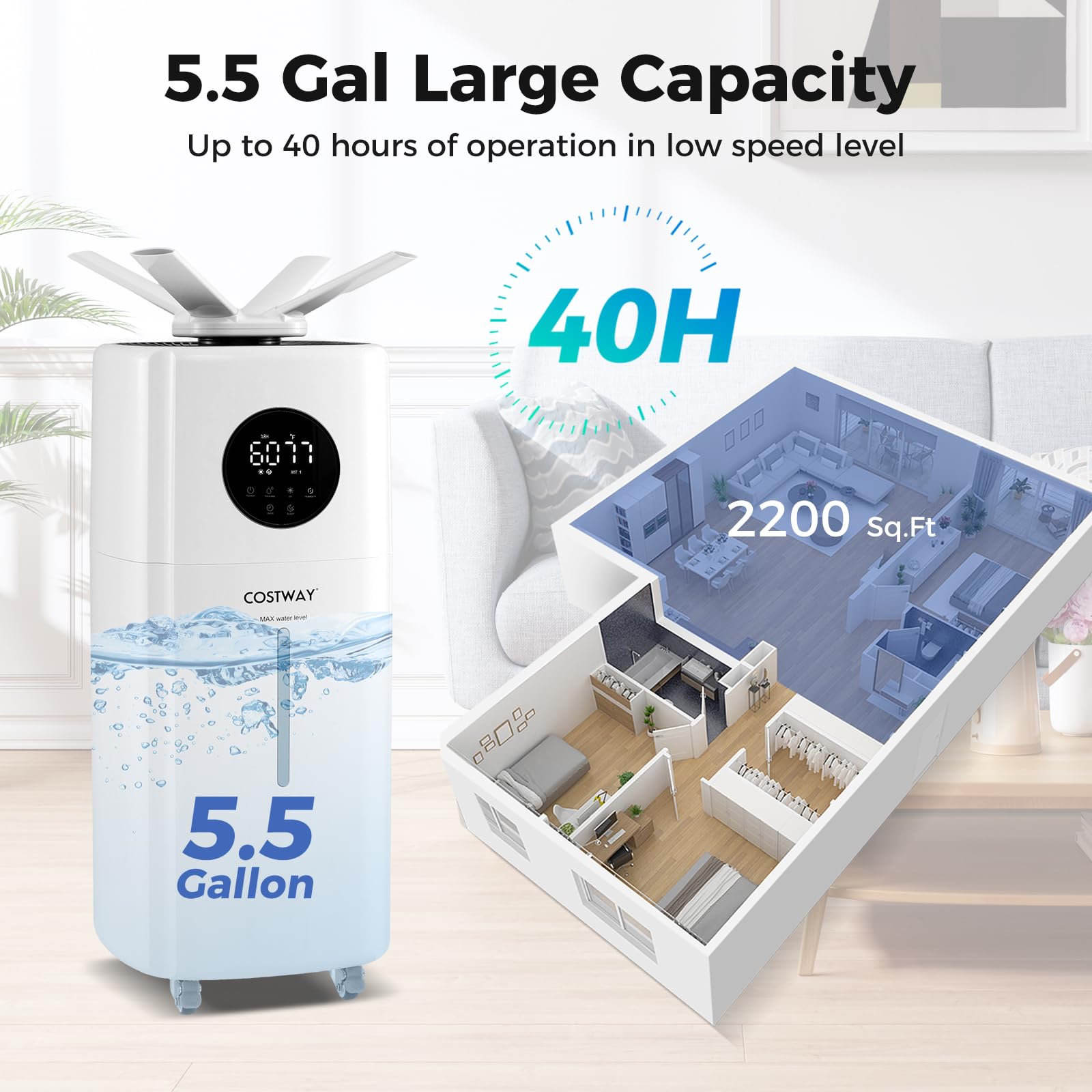 Costway 21L Humidifier For Large Room, 5Gal Whole House Ultrasonic Humidifier With 3 Mist Levels, Extension Tube, 360 Nozzles &